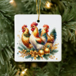 Three French Hens Personalised Christmas Ceramic Ornament<br><div class="desc">Three French Hens in pine branches and gold holiday ornaments personalised Twelve Days of Christmas themed Christmas ornament.</div>