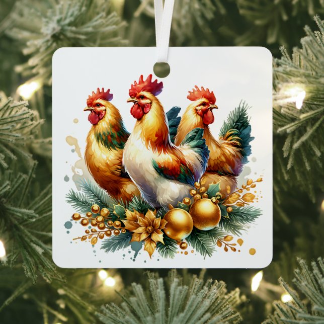 Three French Hens Personalised Christmas Metal Tree Decoration (Insitu)