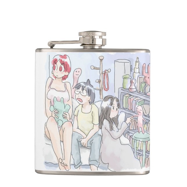 Three friendly illustrations of a woman sitting re hip flask (Front)
