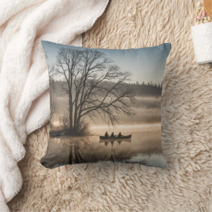 Three Friends Fishing Canoe Serene Lake Cushion