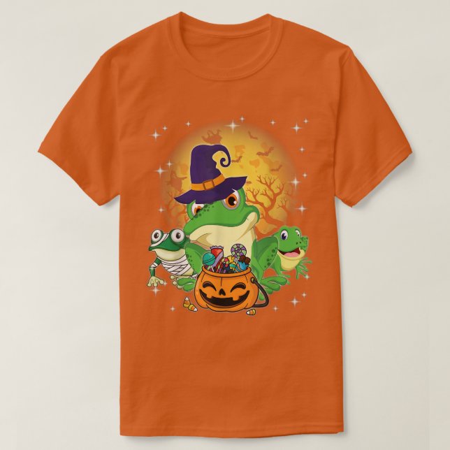 Three Frogs Mummy Witch Moon Ghosts Pumpkin Candy  T-Shirt (Design Front)