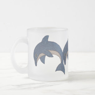 Three Frosted Glitter Look Jumping Blue Dolphins Glass Coffee Mug
