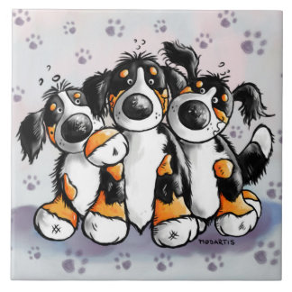Three Funny Bernese Mountain Dogs Cartoon Tile