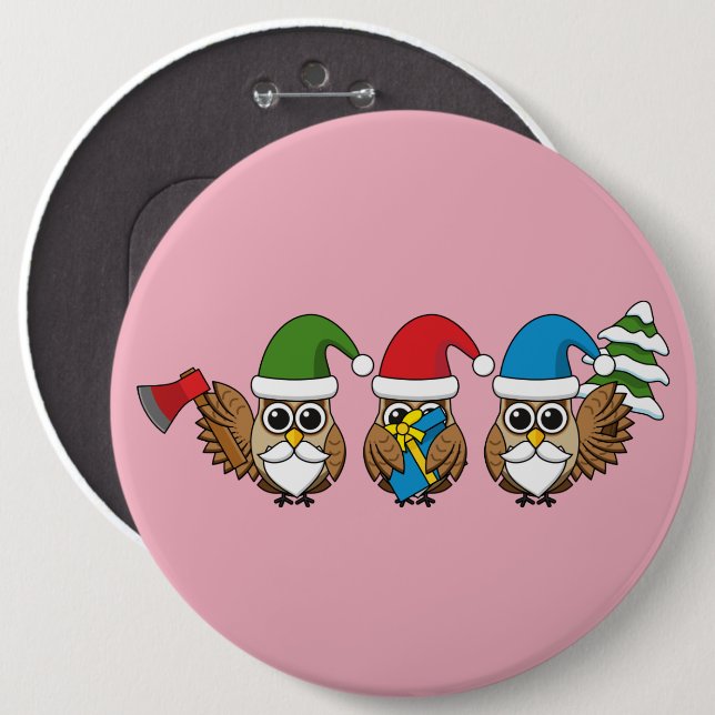 Three Funny Christmas Gnome Owls 6 Cm Round Badge (Front & Back)
