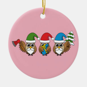 Three Funny Christmas Gnome Owls Ceramic Tree Decoration