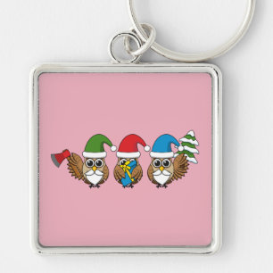 Three Funny Christmas Gnome Owls Key Ring