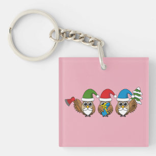 Three Funny Christmas Gnome Owls Key Ring