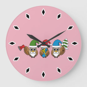 Three Funny Christmas Gnome Owls Large Clock