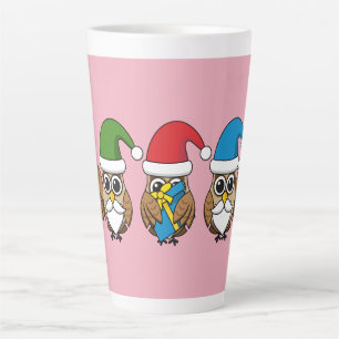 Three Funny Christmas Gnome Owls Latte Mug