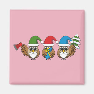Three Funny Christmas Gnome Owls Magnet