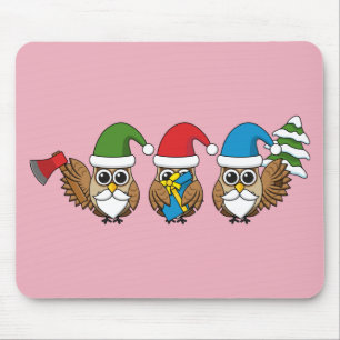 Three Funny Christmas Gnome Owls Mouse Mat