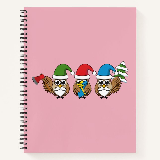 Three Funny Christmas Gnome Owls Notebook (Front)