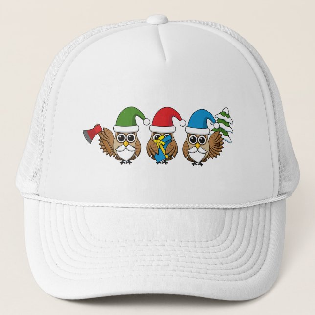 Three Funny Christmas Gnome Owls Trucker Hat (Front)