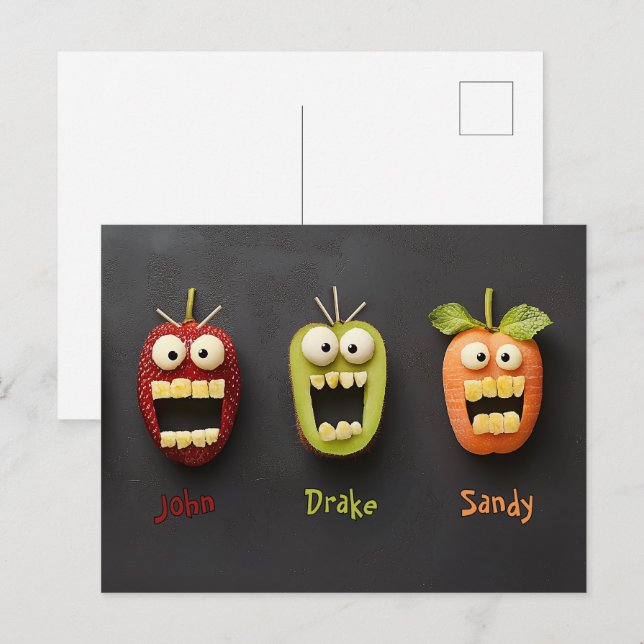 Three Funny Fruit Faces Postcard (Front/Back)