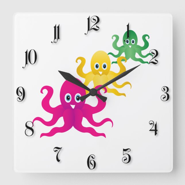 Three funny octopies square wall clock (Front)