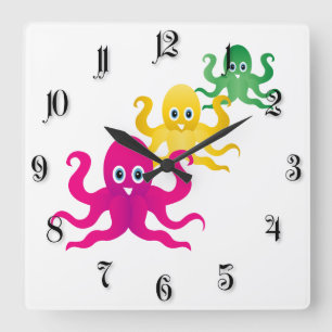Three funny octopies square wall clock