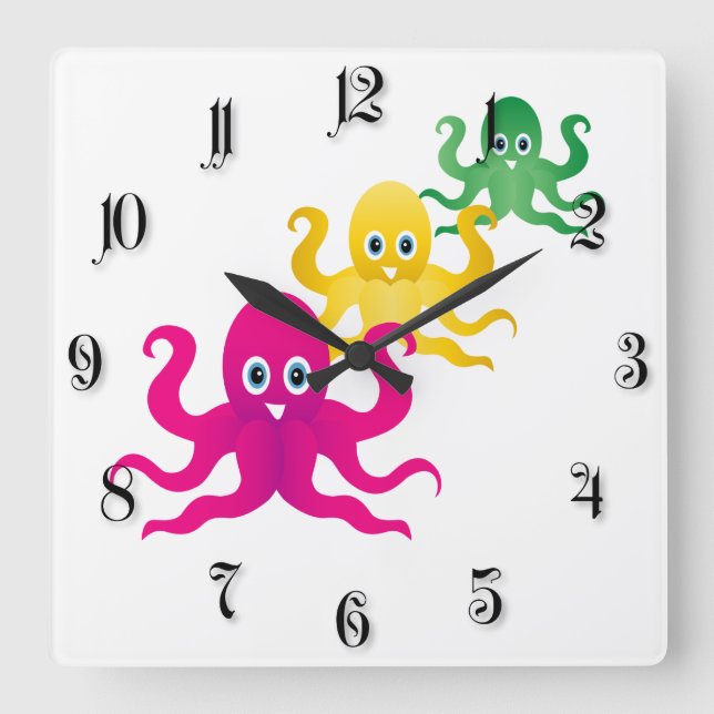 Three funny octopies square wall clock (Front)