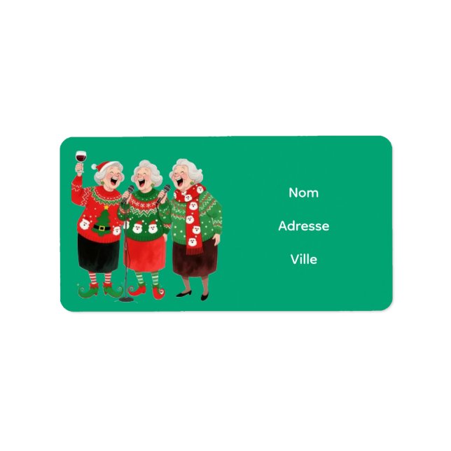 Three funny old women in festive Christmas sweater Label (Front)