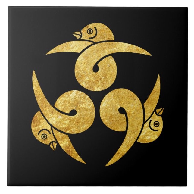 Three Geese Japanese Kamon Faux gold on black Tile (Front)