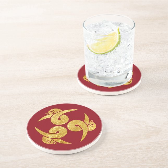 Three Geese Japanese Kamon in faux gold red Coaster (Side)