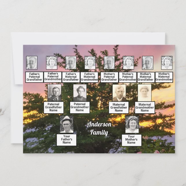 Three Generation Photo Tree with Colourful Sunset Invitation (Front)
