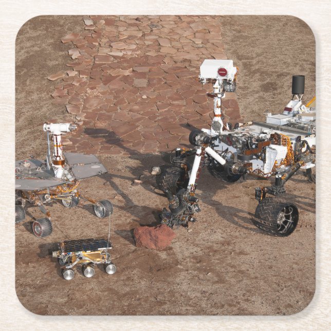 Three Generations Of Mars Rovers. Square Paper Coaster (Front)
