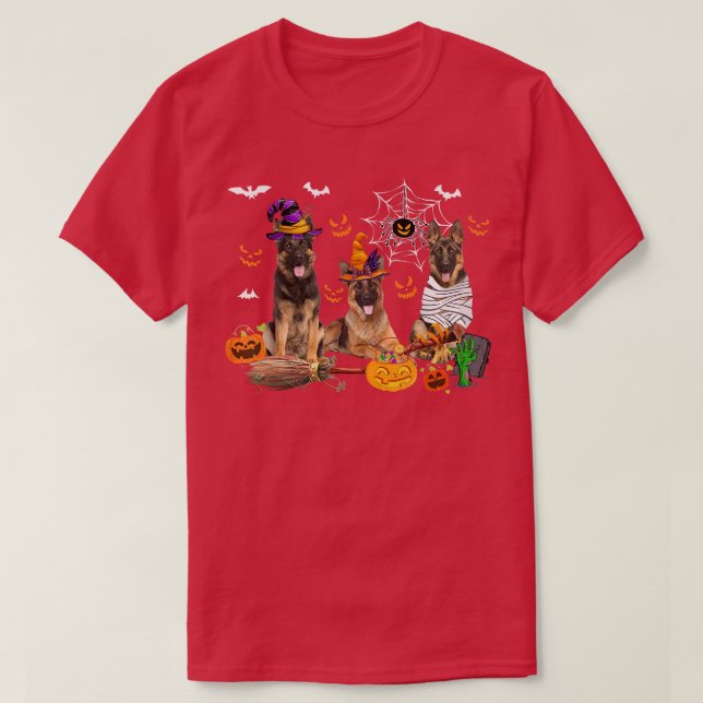 Three German Shepherd Dogs Mummy Witch Scary Pumpk T-Shirt (Design Front)