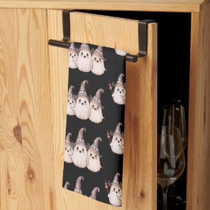 Three Ghosts Grey Witch's Hats Pattern Halloween Tea Towel