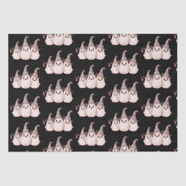 Three Ghosts Grey Witch's Hats Pattern Halloween Tissue Paper (Front)