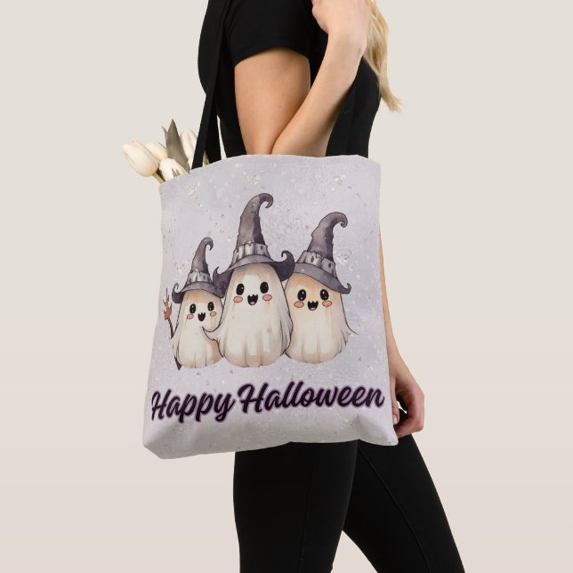 Three Ghosts Witch's Hats Silver Happy Halloween Tote Bag (Close Up)
