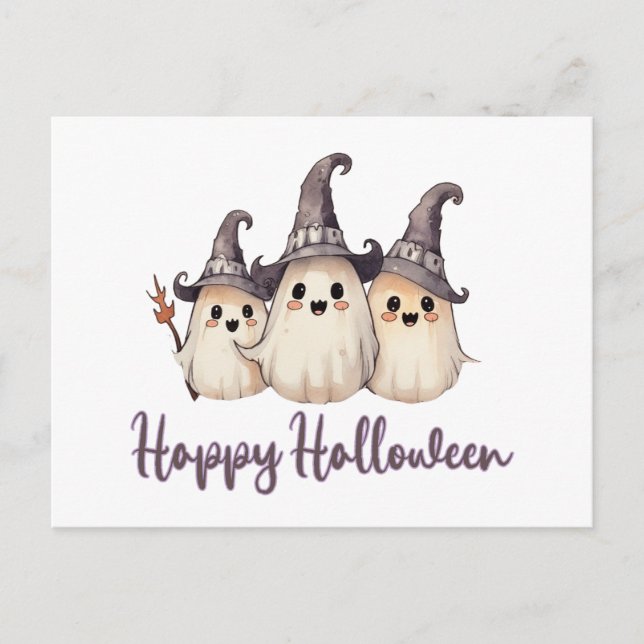 Three Ghosts Witch's Hats White Happy Halloween Holiday Postcard (Front)