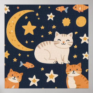 Three Ginger Cats, Moon, Stars and Fish  Poster