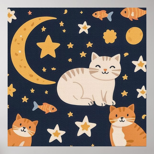 Three Ginger Cats, Moon, Stars and Fish  Poster (Front)