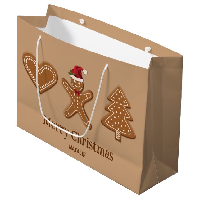 Three Gingerbread Christmas Cookie Shapes & Text Large Gift Bag (Front Angled)