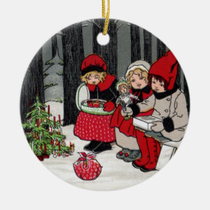 Three Girls and a Christmas Tree in the Forest Ceramic Tree Decoration