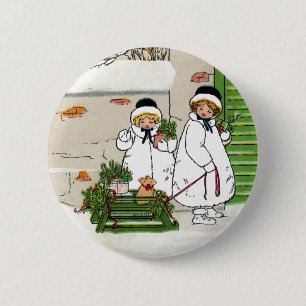 Three Girls and Pig in Sled Vintage Christmas 6 Cm Round Badge