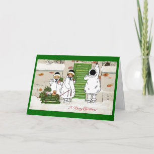 Three Girls and Pig in Sled Vintage Christmas Holiday Card