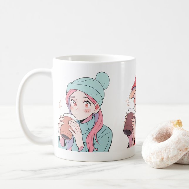 Three Girls Enjoys The Drink Coffee Mug (With Donut)