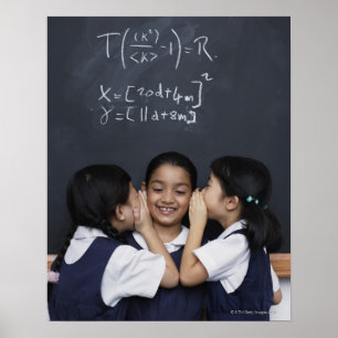 Three girls in classroom whispering poster