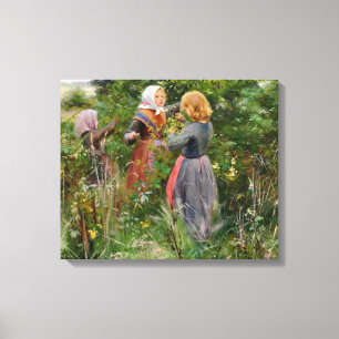 Three Girls Picking Blackberries (by Brendekilde) Canvas Print