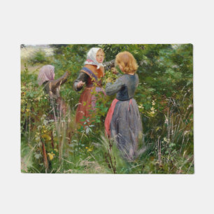 Three Girls Picking Blackberries (by Brendekilde) Doormat