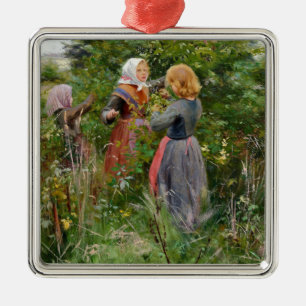 Three Girls Picking Blackberries (by Brendekilde) Metal Tree Decoration