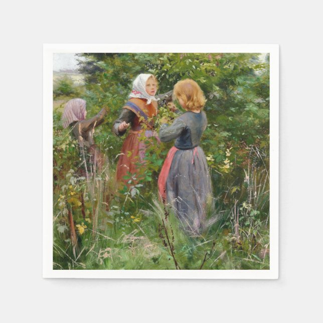 Three Girls Picking Blackberries (by Brendekilde) Napkin (Front)