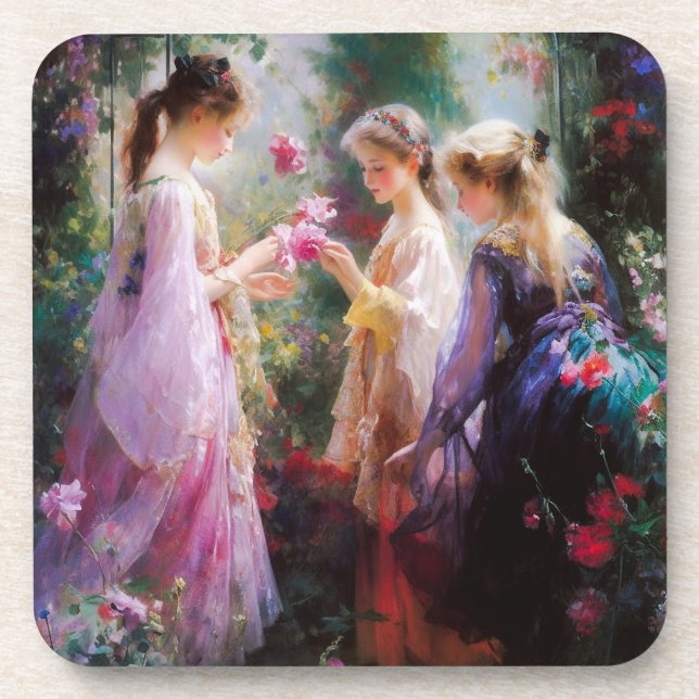 Three girls playing in a garden  coaster (Front)
