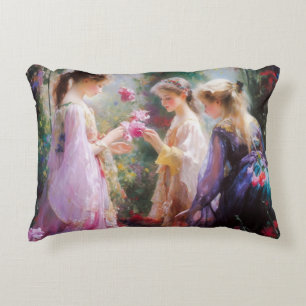 Three girls playing in a garden decorative cushion