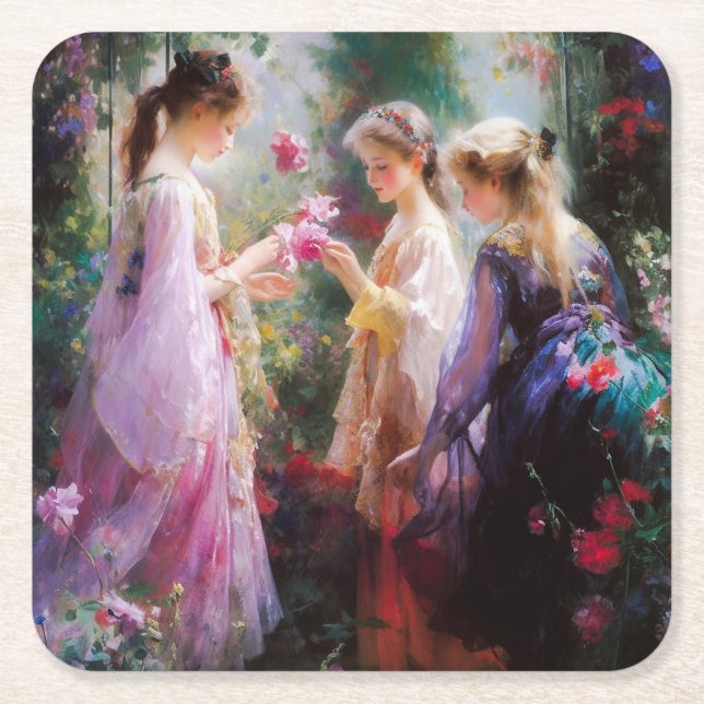 Three girls playing in a garden  square paper coaster (Front)