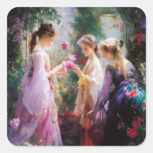Three girls playing in a garden  square sticker
