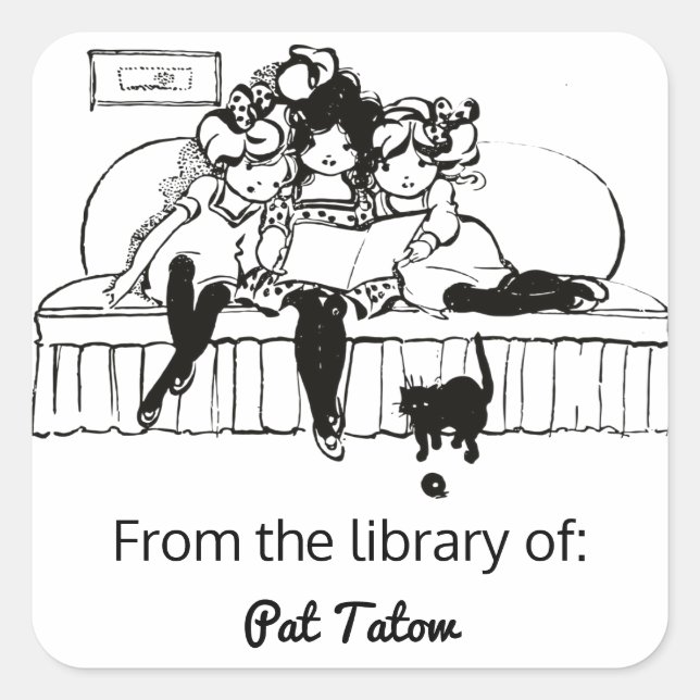 Three Girls Reading With a Cat Bookplate Square Sticker (Front)