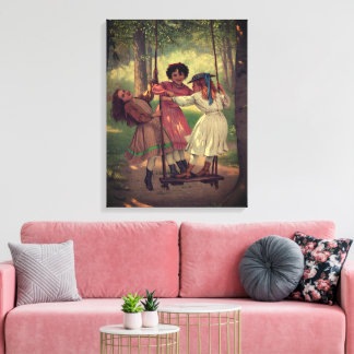 Three Girls Swing in Forest Canvas Print