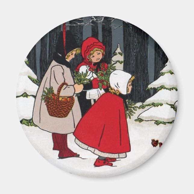Three Girls with Mistletoe Vintage Christmas Magnet (Front)